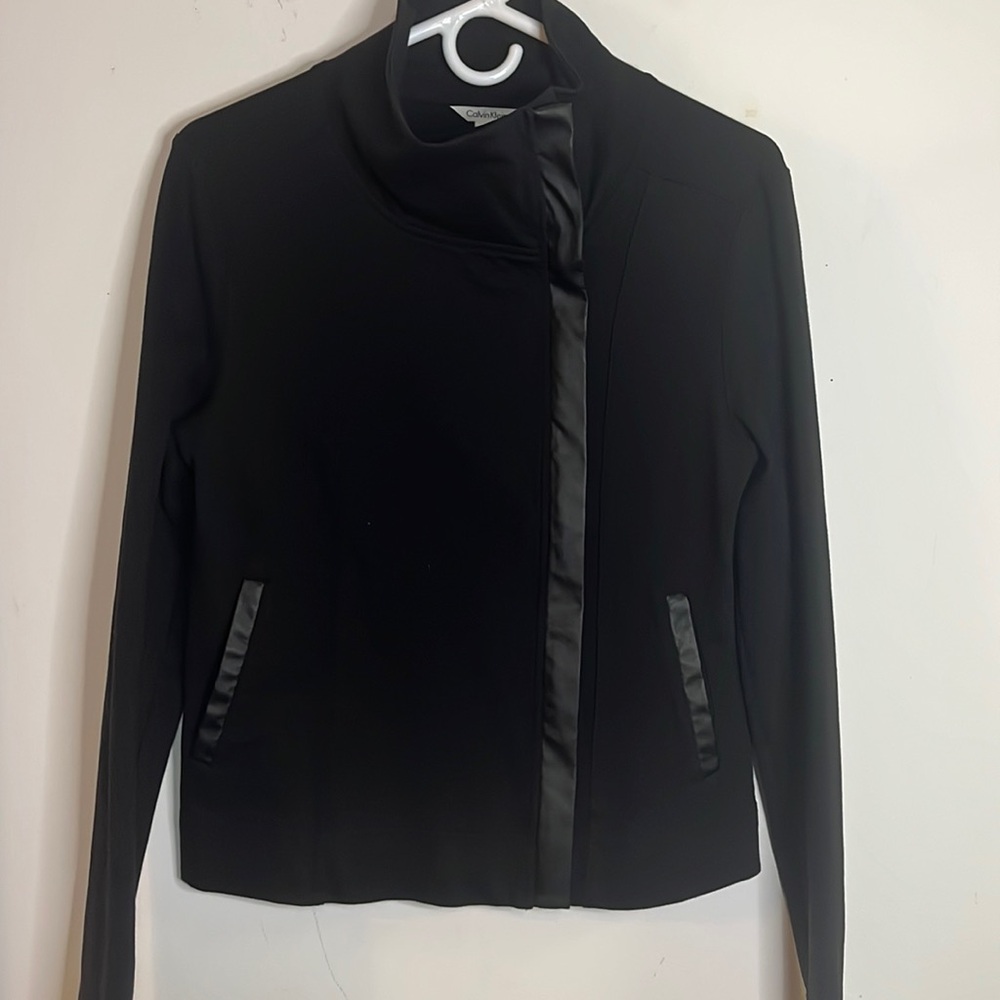 Calvin Klein Black Mixed Media Asymmetrical Zip Moto Jacket M EUC